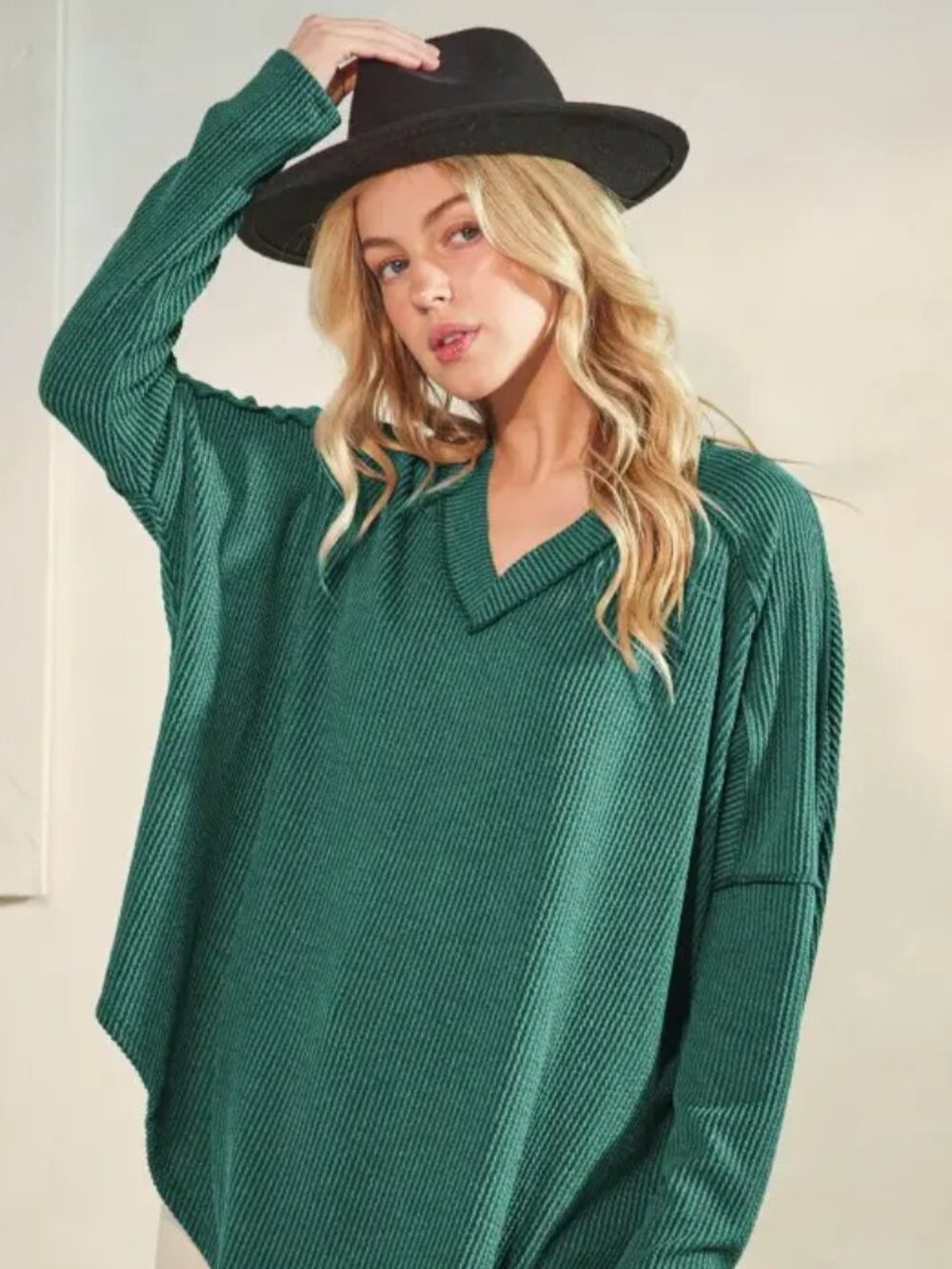 Heimish USA Emerald Green V-Neck Ribbed Slouchy Oversized Sweater Size Large